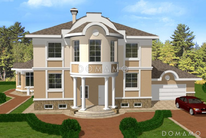 Проект двухэтажного дома из кирпича с полукруглым эркером