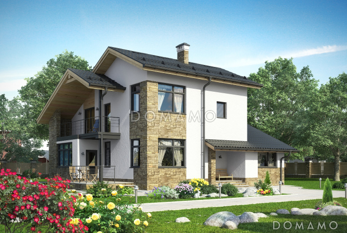 Загородный дом из СИП панелей с кухней-столовой, сауной, спальней на первом этаже, террасой