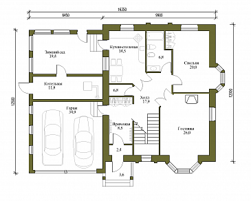 Проект просторного двухэтажного коттеджа с гаражом / План 1 этажа