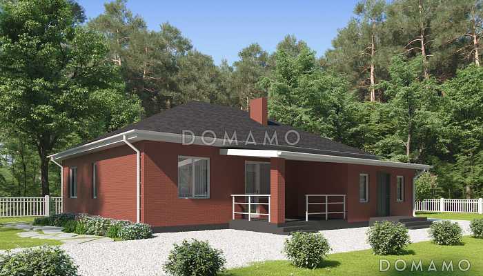 Проект загородного дома с террасой, просторным тамбуром, ванной и душевой, кухней-столовой в центральной части дома