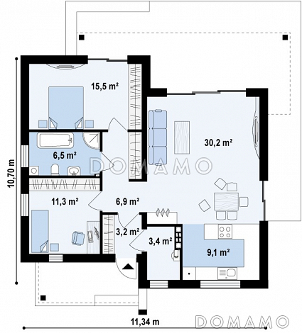 Проект небольшого современного одноэтажного дома из кирпича с двумя спальнями и красивой террасой / План 1 этажа