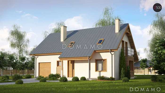 Проект мансардного дома из кирпича с прямоугольным эркером и со встроенным гаражом