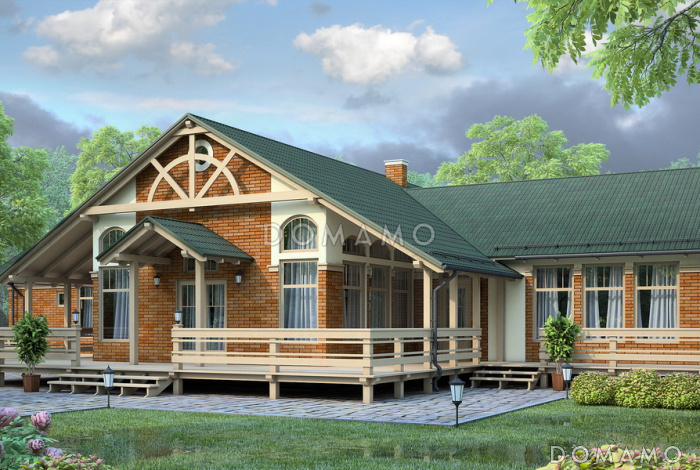 Проект большого одноэтажного дома с обширной террасой и приватной хозяйской территорией