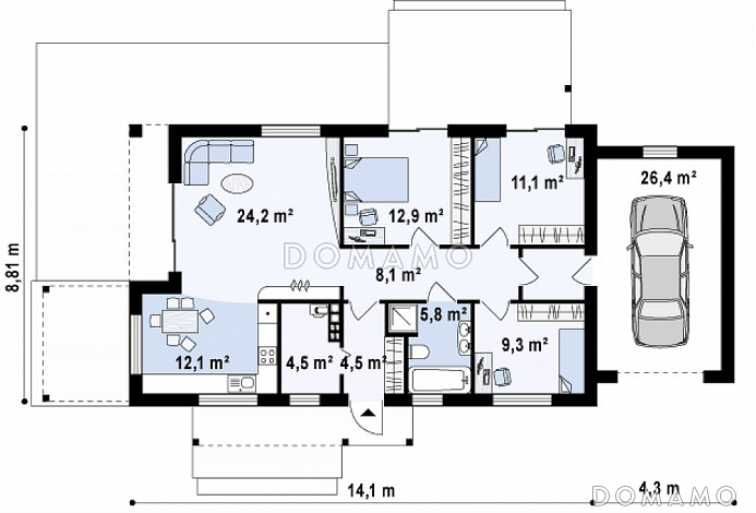 Проект одноэтажного дома из газобетона современного дизайна с пристроенным гаражом / План 1 этажа