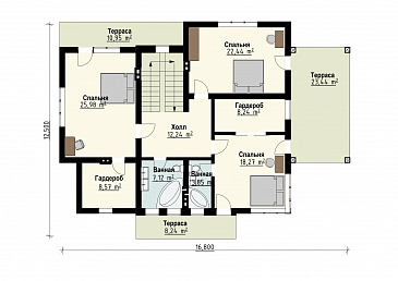 Проект дома для семьи от четырех человек с террасами, просторной кухней-столовой, хозяйской спальней на втором этаже / План 2 этажа