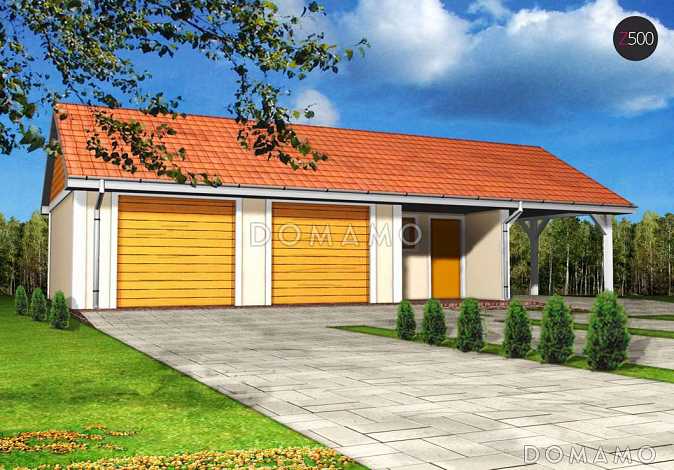 Проект гаража из газобетона для двух авто с отдельными воротами, техническим помещением и навесом