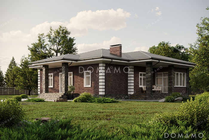 Проект одноэтажного дома с большим тамбуром, тремя комнатами, верандой и террасой