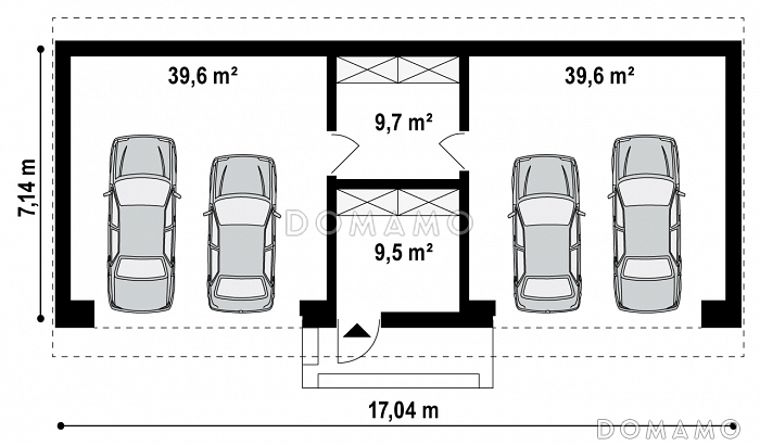Проект большого гаража из кирпича для четырёх автомобилей с подсобными помещениями  / План 1 этажа