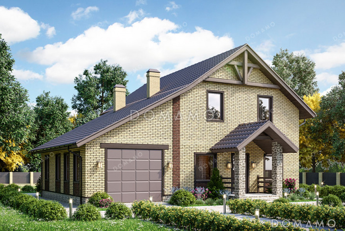 Проект дома с гаражом, тремя спальнями на мансарде и широким балконом
