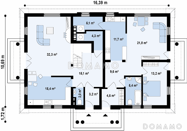 Проект комфортного одноэтажного мансардного дома из газобетона для двух семей в стиле русской усадьбы / План 1 этажа