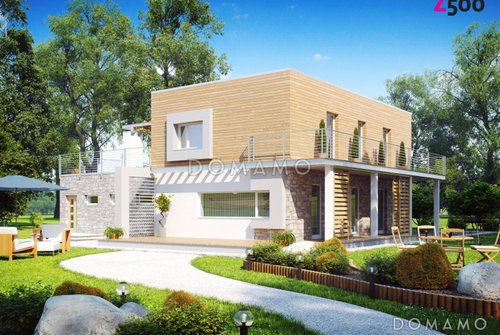 Проект современного двухэтажного дома с плоской крышей из газобетона с четырьмя спальнями, гаражом и просторной террасой над ним