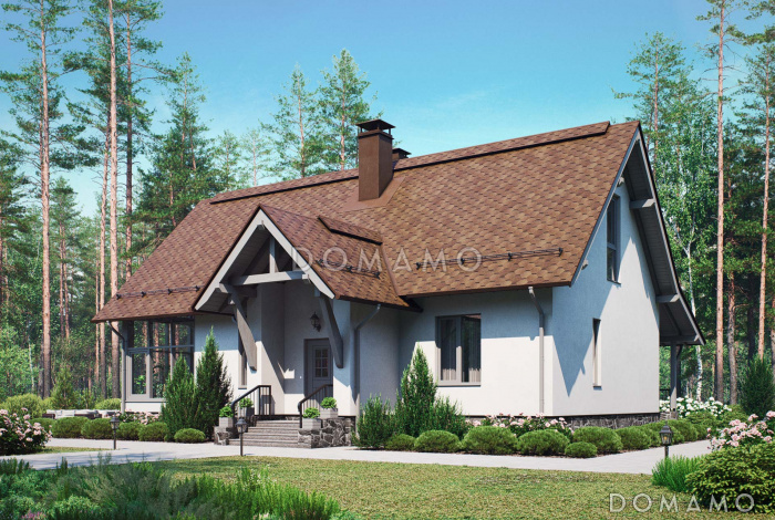 Проект дома с одной спальней, панорамным остеклением, зимним садом и чердаком