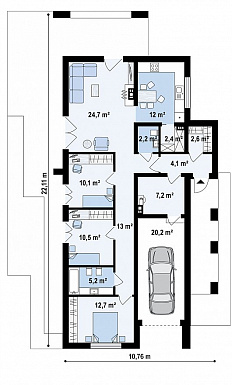 Проект уютного современного одноэтажного дома из кирпича с плоской крышей, с тремя спальнями и гаражом / План 1 этажа