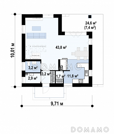 Проект загородного дома с камином, просторной гостиной, балконом, большой ванной с окном на мансарде / План 1 этажа