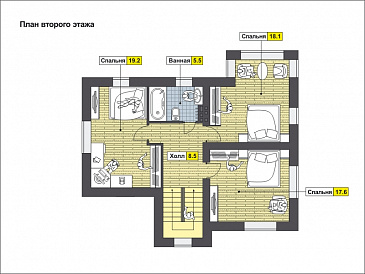 Проект дома c кухней-столовой, спальней на первом этаже, крытой террасой / План 2 этажа