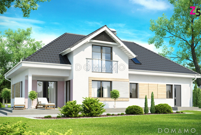 Проект просторного одноэтажного дома из газобетона со свободной зоной на мансардном этаже и со встроенным гаражом