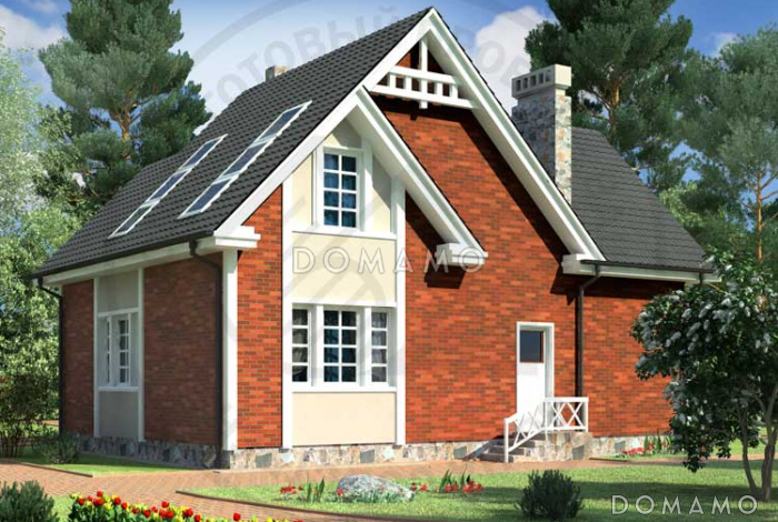 Проект загородного дома с тремя спальнями на мансардном этаже, круглым окном, гаражом на одну машину