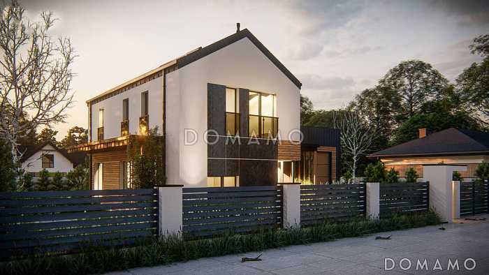 Проект загородного двухэтажного дома с гаражом и террасой над ним, кухней с двумя окнами, кладовой