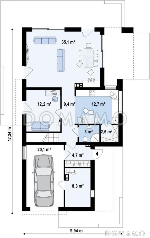Проект современного двухэтажного дома из газобетона в стиле модерн, с террасой на втором уровне и встроенным гаражом  / План 1 этажа