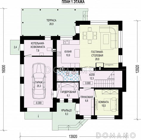 Проект дома с гаражом, мастер-спальней и комнатой на первом этаже / План 1 этажа