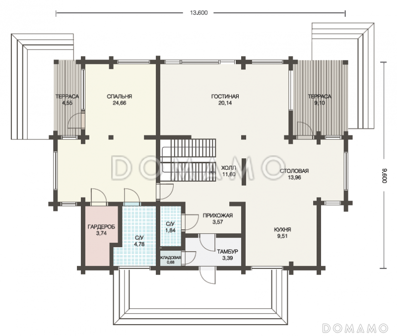 Проект дома из клееного бруса с мансардой / План 1 этажа