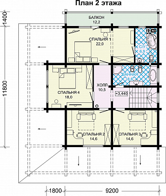 Проект двухэтажного дома из бруса с масштабной крытой террасой / План 2 этажа