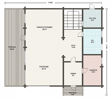 Проект двухэтажного дома из клееного бруса с просторной кухней-столовой / План 1 этажа