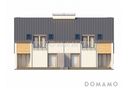 Проект мансардных домов-близнецов из газобетона с гаражом, тремя спальнями и красивым слуховым окном и балконом / Фасад 2
