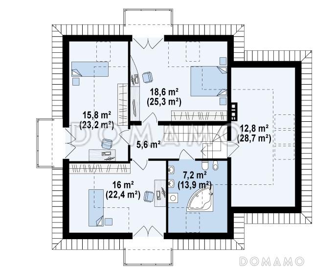 Проект одноэтажного мансардного дома из кирпича с кабинетом, гаражом и тремя балконами / План мансардного этажа