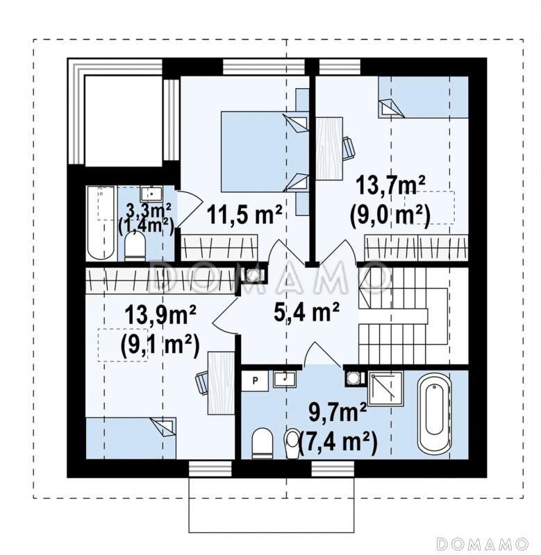 Проект мансардного дома с панорамными окнами / План мансардного этажа