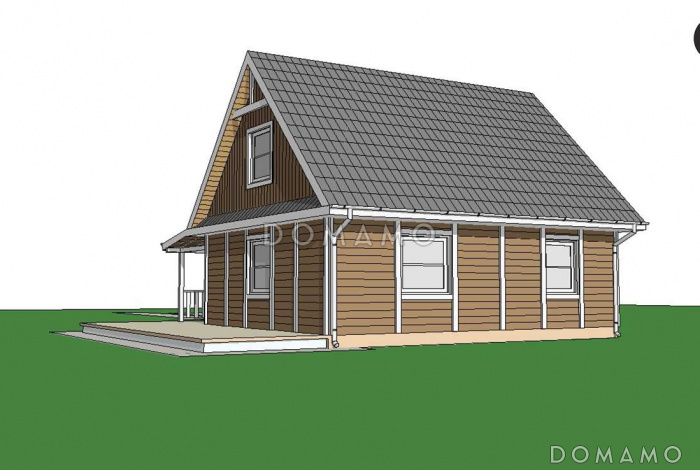 Проект компактного одноэтажного мансардного дома из кирпича с тремя спальнями, фронтальной террасой и гаражом