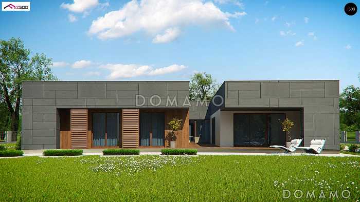 Проект современного одноэтажного дома из кирпича с тремя спальнями, гаражом и внутренним двориком