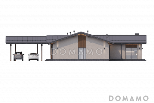 Проект Т-образного дома с навесом для автомобилей, крытой верандой для барбекю, открытой планировкой дневнойзоны / Фасад 3