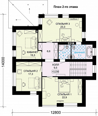 Проект двухэтажного дома из газобетона с крытой террасой, просторной гостиной с камином / План 2 этажа