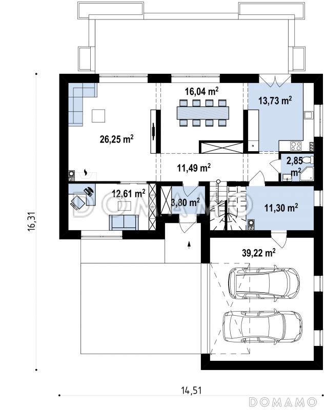 Проект комфортного одноэтажного мансардного дома из газобетона с гаражом и террасой над ним / План 1 этажа