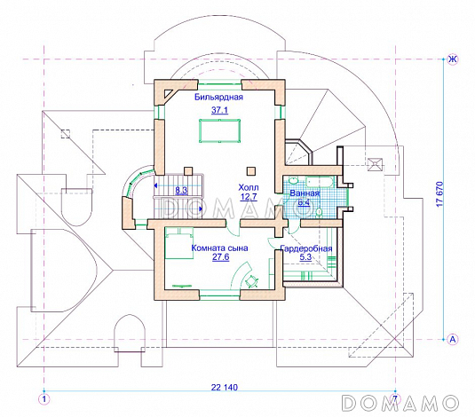 Проект коттеджа в стиле модерн с гаражом на 2 а/м и сауной / План мансардного этажа