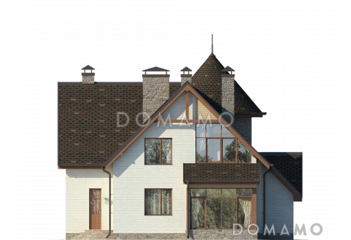 Проект дома с застекленным холлом, полукруглым крыльцом, сауной и четырьмя спальнями на мансарде / Фасад 4