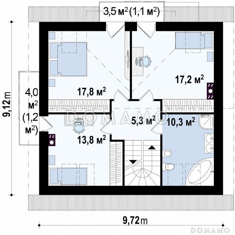 Проект одноэтажного мансардного дома из газобетона в современном исполнении с четырьмя комнатами и балконом / План мансардного этажа