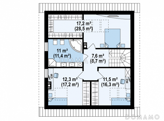 Проект одноэтажного мансардного дома из газобетона с дополнительной спальней на первом этаже  / План мансардного этажа