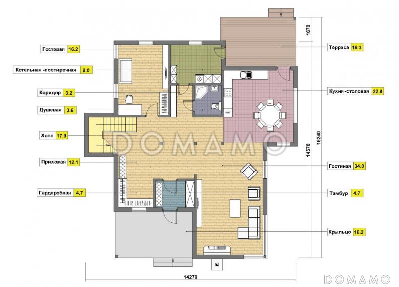 Проект кирпичного двухэтажного дома с большими окнами / План 1 этажа