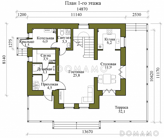 Проект двухэтажного каркасного дома со вторым светом, просторной крытой террасой и сауной / План 1 этажа