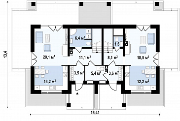 Проект комфортного мансардного дома из газобетона для двух семей / План 1 этажа