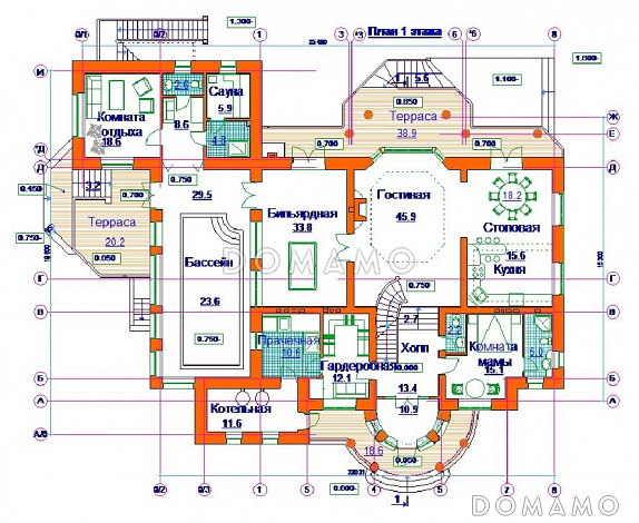Проект коттеджа с двусветной гостиной и бассейном / План 1 этажа