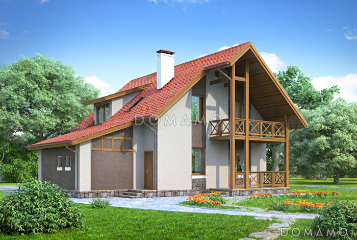 Проект коттеджа с красной двускатной крышей, тремя спальными комнатами, балконом и гаражом