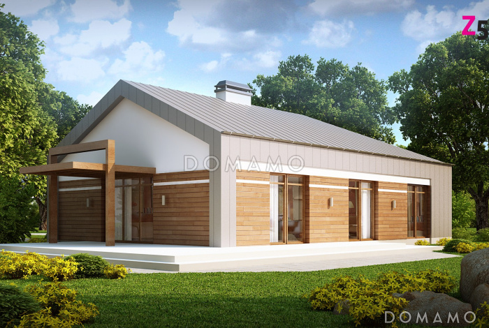 Проект углового одноэтажного дома из кирпича с облицовкой деревянной вагонкой и с гаражом на два автомобиля