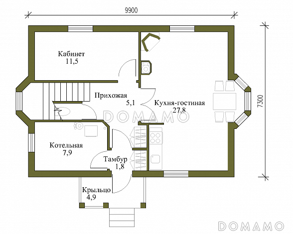 Проект экономичного каркасного коттеджа с увеличенной площадью. / План 1 этажа
