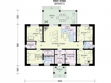 Проект одноэтажного дома из газобетона с мастер-спальней, кладовой и кабинетом / План 1 этажа