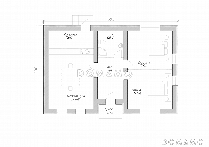 Одноэтажный дом из крупноформатного кирпича с двумя спальнями и большой кухней-гостиной / План 1 этажа