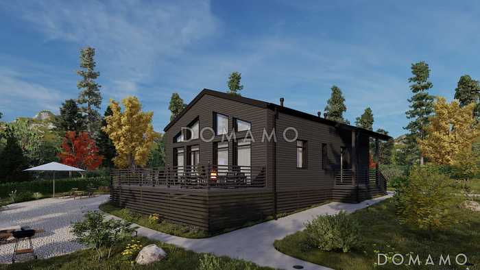 Проект каркасного дома с патио, мансардой и открытой террасой