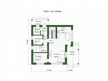 Проект двухэтажного дома из газобетона с окнами в пол и вторым светом / План 1 этажа